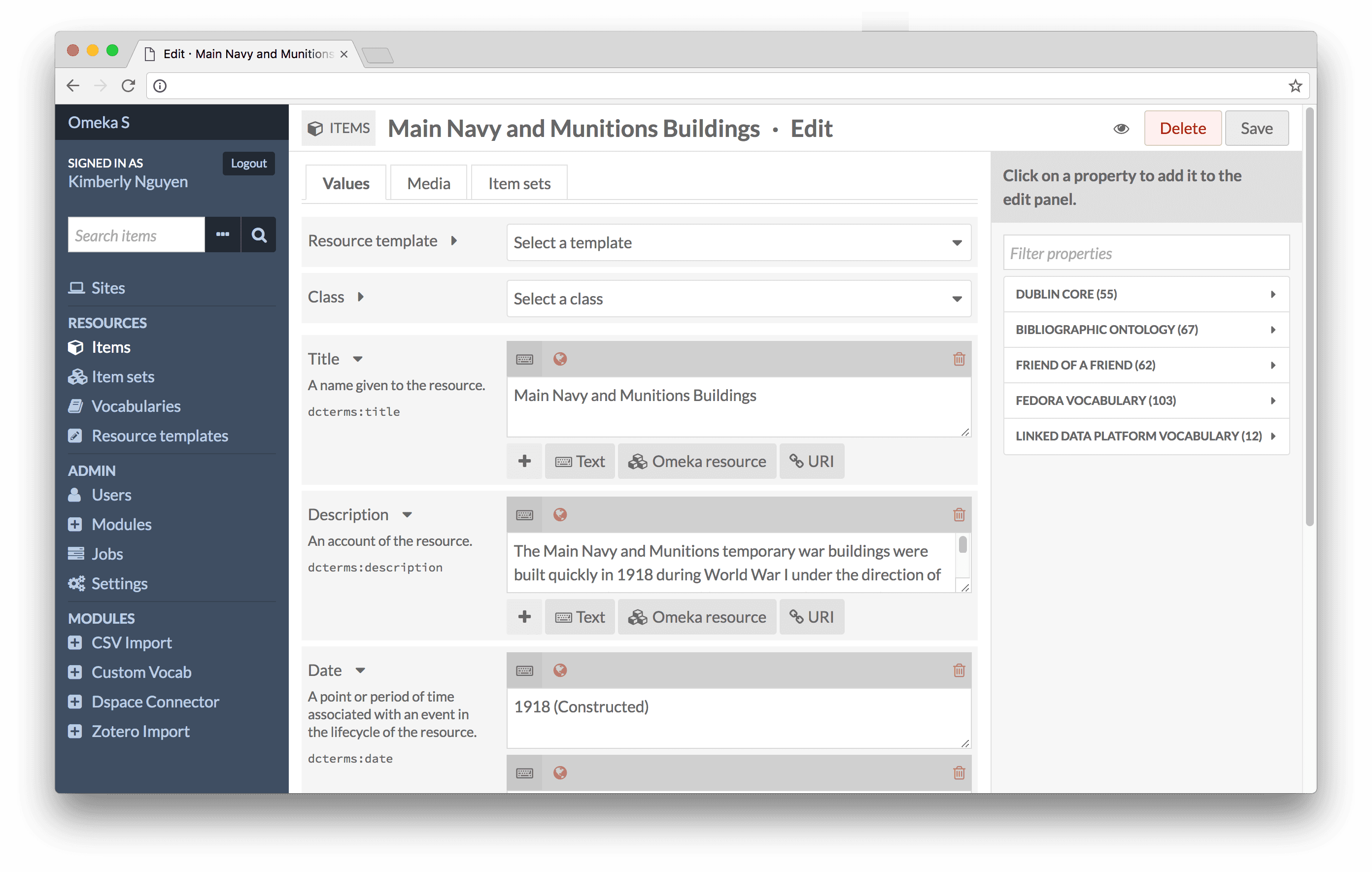 Omeka screenshot 1
